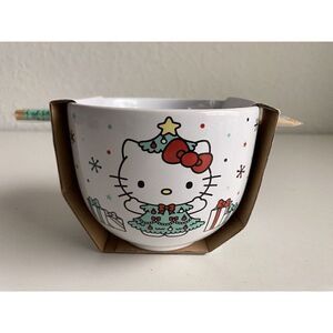 Hello Kitty Christmas Ramen Noodle Ceramic Bowl With Chopsticks 20 Oz NEW